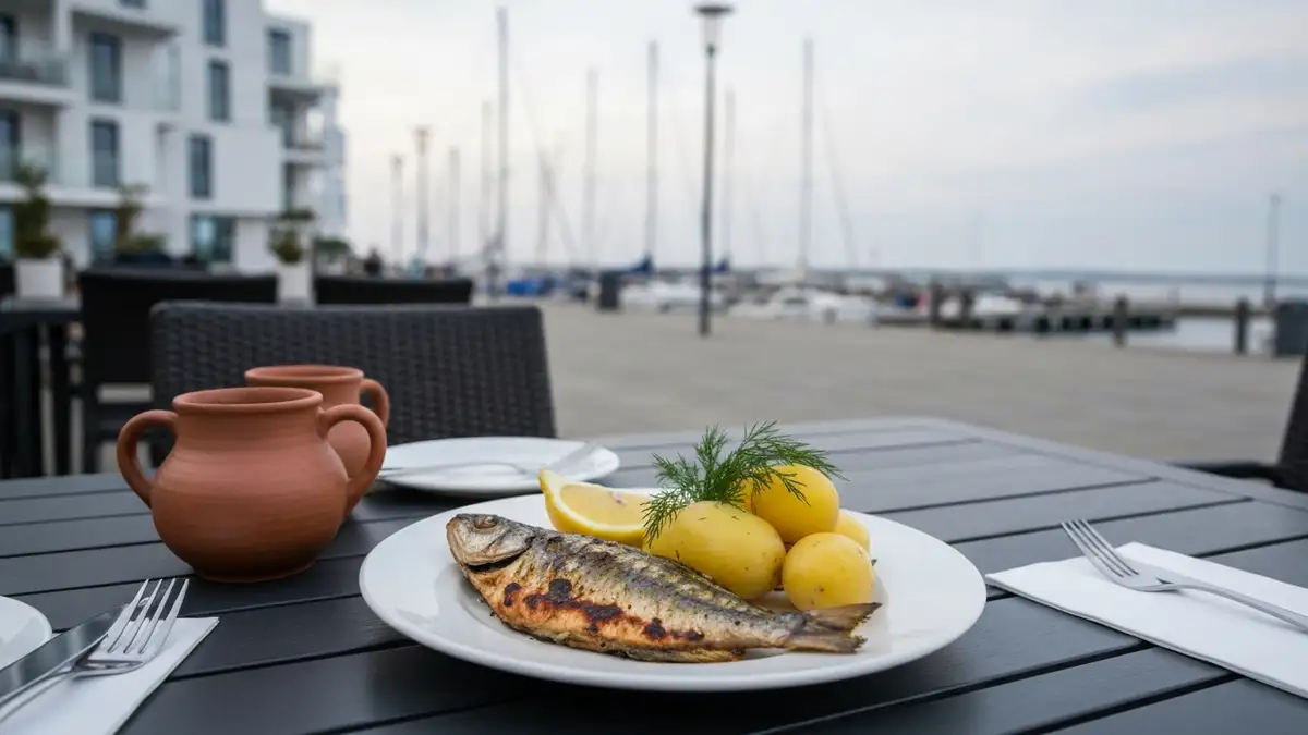 Talerz z ryba przy stoliku w Gdyni, w tle nadmorska zabudowa i marina