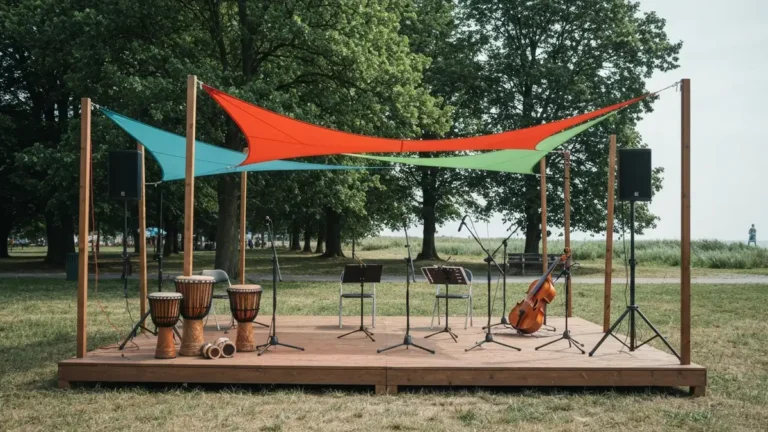 Scena festiwalu Globaltica w Parku Kolibki w Gdyni z instrumentami i nadmorskim tlem