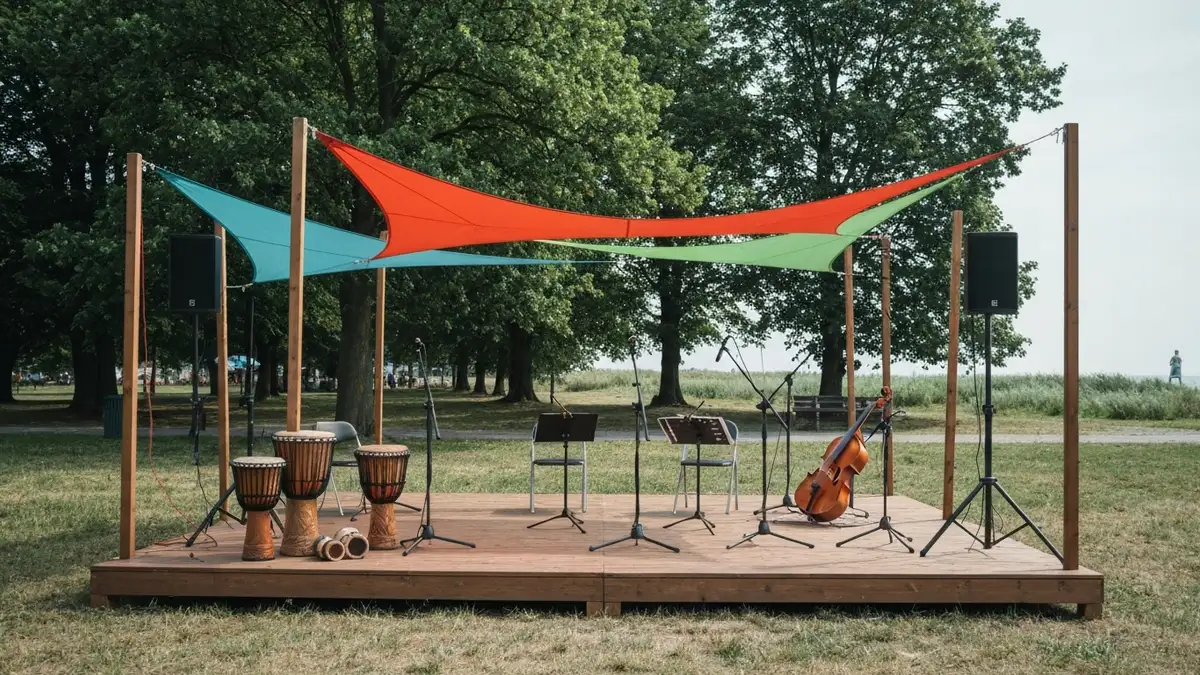 Scena festiwalu Globaltica w Parku Kolibki w Gdyni z instrumentami i nadmorskim tlem