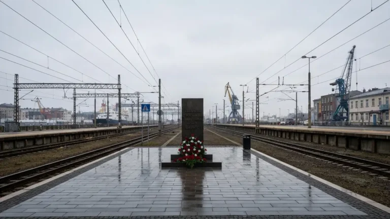 Miejsce pamięci Grudnia 1970 przy SKM Gdynia Stocznia w zimowym świetle
