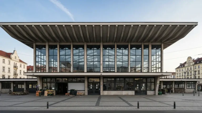 Modernistyczna Hala Targowa w centrum Gdyni w porannym swietle