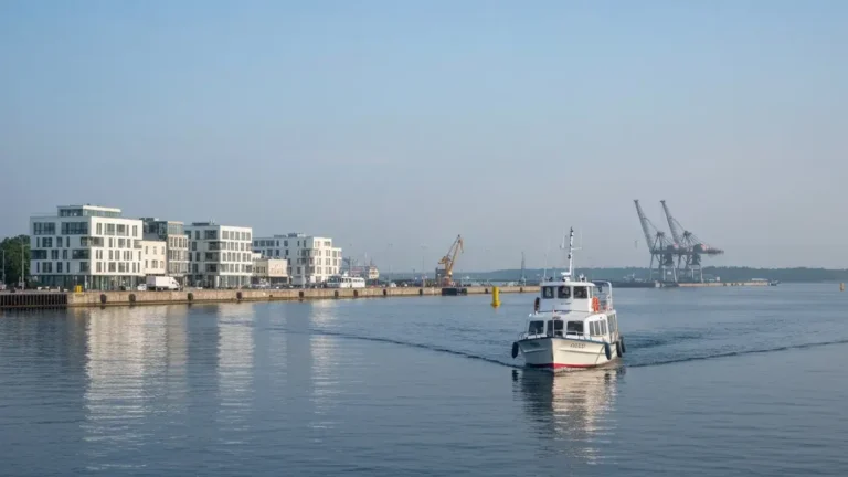 Poranny statek przy nabrzezu w Gdyni przed rejsem na Hel latem
