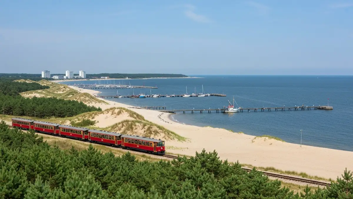 Półwysep Helski z pociągiem, wydmami i portem na tle Zatoki Puckiej