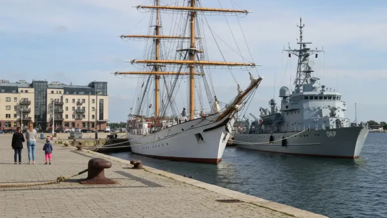 Skwer Kosciuszki w Gdyni z widokiem na statki i port w naturalnym swietle