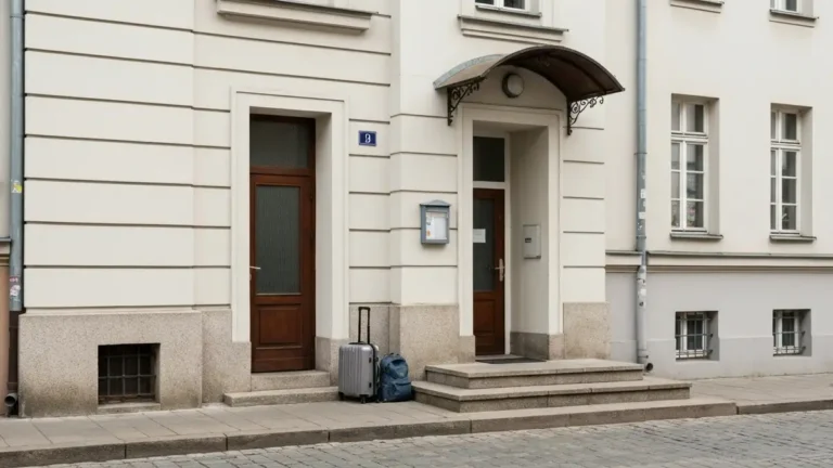 Wejście do taniego hostelu w centrum Gdyni z walizką i modernistyczną zabudową w tle