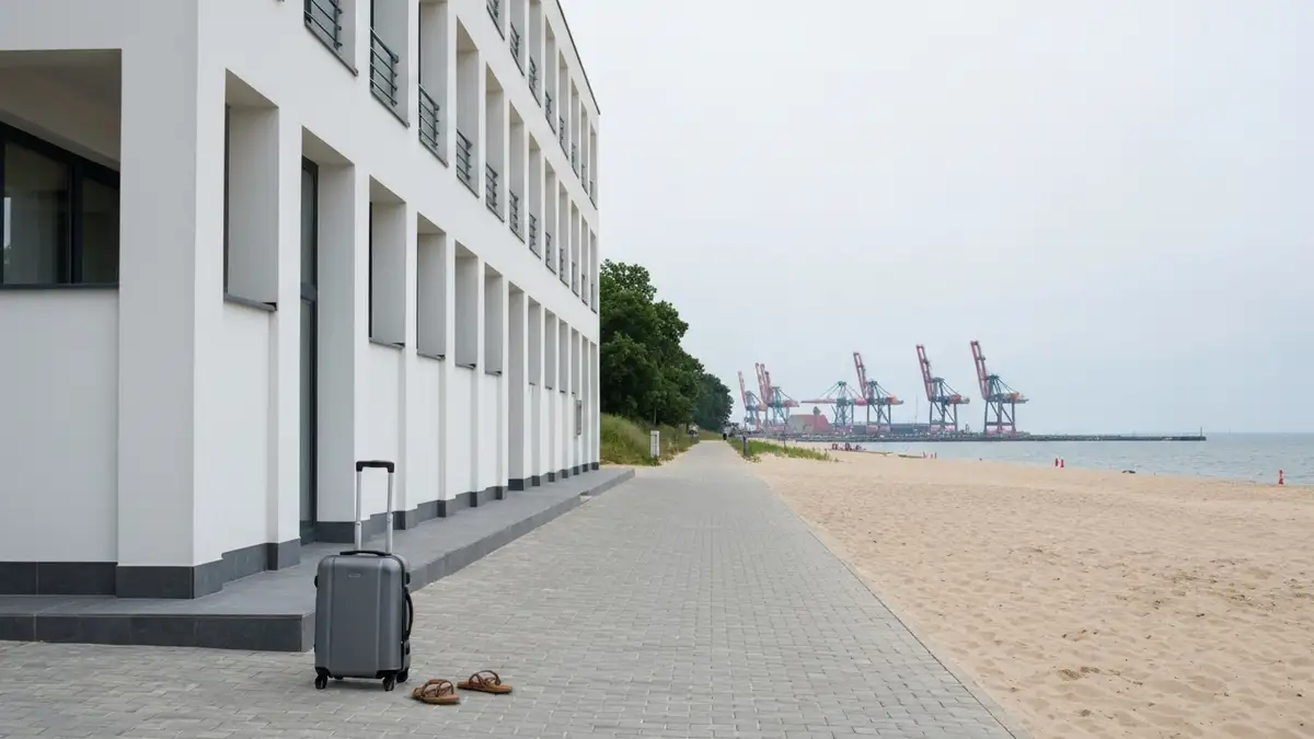 Walizka przy nadmorskim chodniku w Gdyni, w tle plaza, zatoka i modernistyczna zabudowa